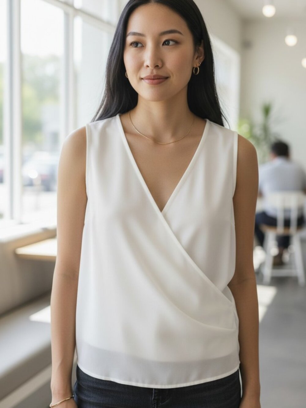 Icone by Simons Faux Wrap Blouse - Crisp White - Sleeveless - Size S